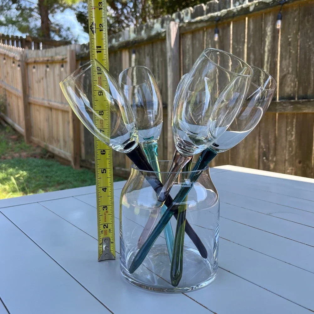 VTG 5 Hand Blown Champagne Bouquet Flutes Long Stems with Glass Vase